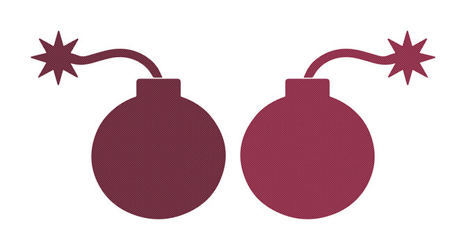 Minimalist bomb icons with lit fuses, burgundy round explosive symbols, flat vector illustration