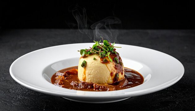 Savory rice timbale. Creamy molded rice timbale with sauce, herbs, and a moody gourmet food setup.