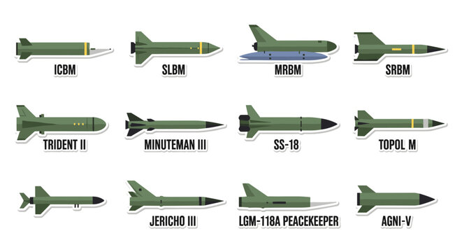 Collection of diverse missile types, including icbm, slbm, mrbm, srbm, trident ii, minuteman iii, ss-18, topol m, jericho iii, lgm-118a peacekeeper, and agni-v, rendered with