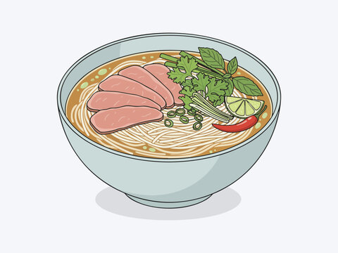 Cute flat vector illustration of bowl of pho with herbs and beef slices food isolated on clean white background, featuring a modern and appetizing style. Perfect for menu design, restaurant branding.
