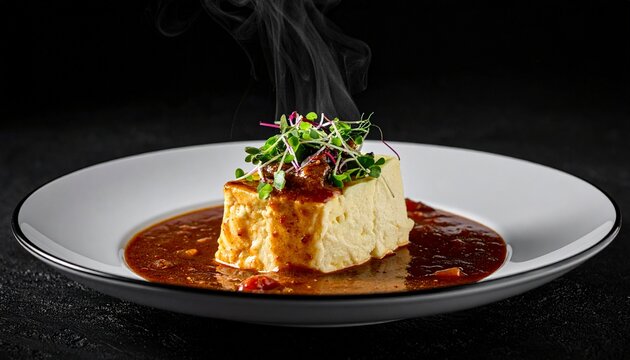 Savory rice timbale. Steamed rice timbale topped with sauce and herbs, elegant, warm, and restaurant styled.