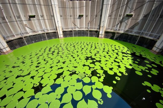 A thick layer of green algae covering the stagnant water in the cooling tower basin of an idle power plant.