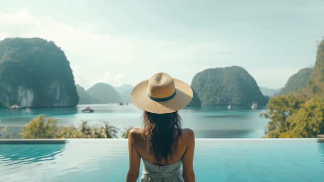 A woman enjoying a peaceful moment on the edge of a swimming pool overlooking Halong Bay, with boats on the water and clear sky.