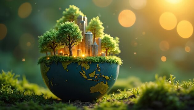 Miniature planet with city buildings and trees grows on mossy ground. Green nature and urban development balance on earth. Global eco progress lights up.