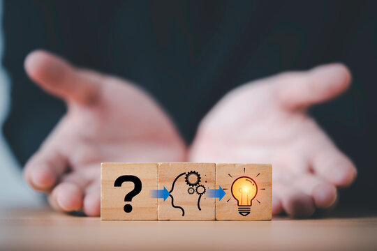 Problem solving process concept showing question, thinking analysis and idea generation with lightbulb solution, representing creativity, innovation, decision making, and business strategy development