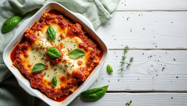 Baked lasagna with bolognese sauce and melted cheese. Fresh basil leaves garnish hot italian pasta casserole. Delicious layered meal ready to serve on rustic white table.