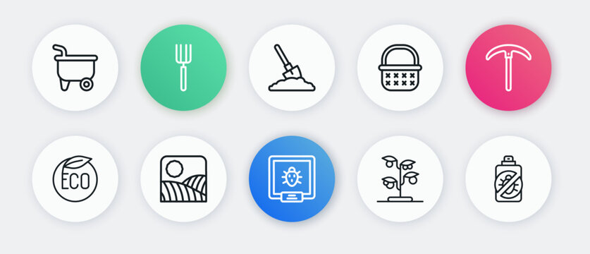 Set line Colorado beetle, Pickaxe, Eco healthy food, Sprout, Wicker basket, Shovel in the ground, Spray against insects and Agriculture wheat field farm icon. Vector