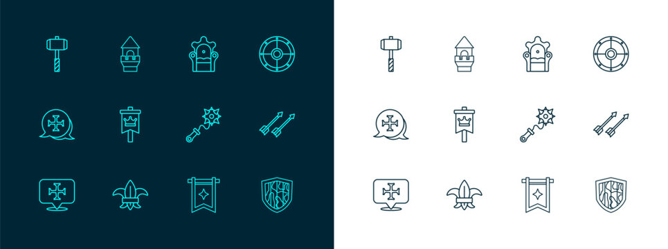 Set line Round shield, Fleur de lys or lily flower, Mace with spikes, Medieval flag, throne, Battle hammer and Castle tower icon. Vector