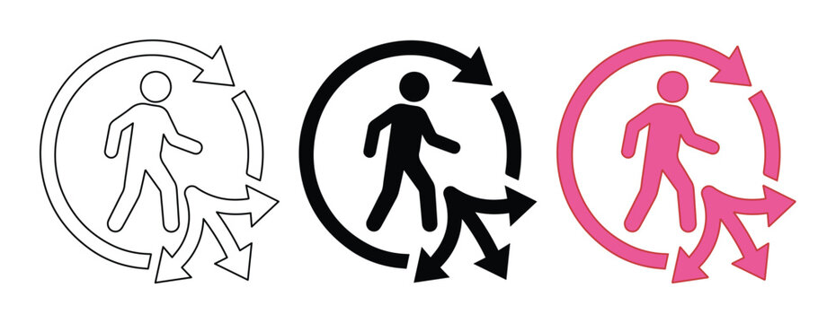Human behavior cycle icon set, person walking with circular arrows and multiple path options, behavioral psychology and decision making vector