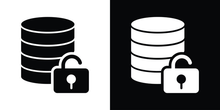 Professional vector icon of a database cylinder with an open padlock. Represents data accessibility, security bypass, decrypted storage, and open-source information management systems.