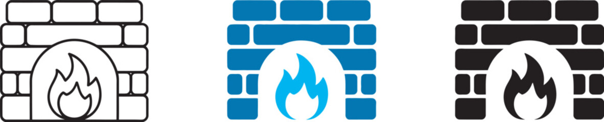 Naklejka premium Fireplace with bricks icon, home fire hearth symbol, burning flame heat, chimney sign, warm house indoor heating vector illustration