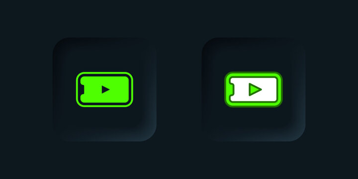 Green Online play video icon isolated on black background. Smartphone and film strip with play sign. Black square button. Vector