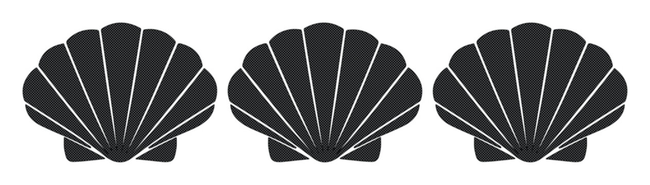 Minimalist seashell silhouette icons, black scallop shell vector set, nautical beach elements