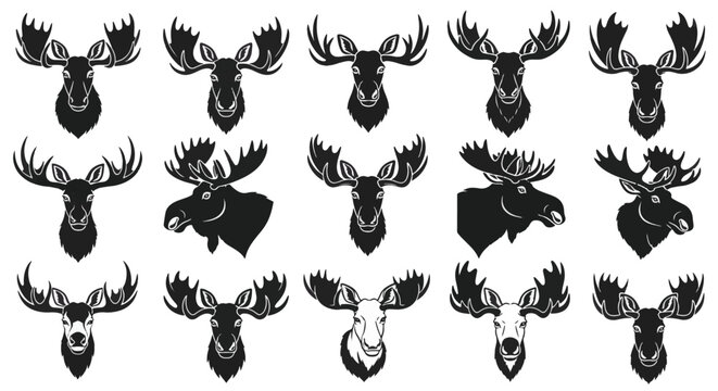 Set of moose heads with big antlers, collection of black and white deer mascots and emblem icons, vector illustration