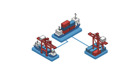 Naklejka premium Isometric illustration of cargo ships and port cranes for global logistics.