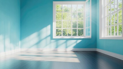 Fototapeta premium Bright blue room with sunlight pouring in