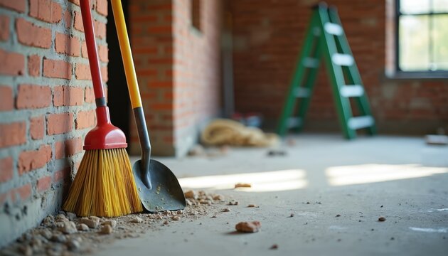 Broom and shovel rest by brick wall near green ladder inside unfinished building. Construction tools on dusty floor await work. Materials and debris are scattered around site.