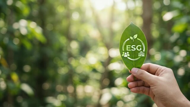 Capture a hand holding a green leaf with ESG branding, as the camera slowly pans through a vibrant forest, emphasizing sustainability, environmental awareness, and corporate responsibility in a cinema