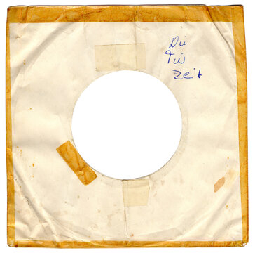 Alte Single-Schallplattenh&uuml;lle mit handschriftlichen Notizen und vergilbten Klebestreifen &ndash; Vintage Vinyl Cover