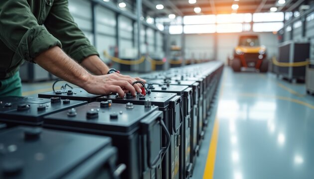 Worker checks battery pack modules in factory line. Technician inspects energy storage units on production floor. Rows of power cells await assembly in modern industrial warehouse. Forklift vehicle