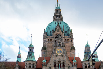 Fototapeta premium Hanover's New Town Hall Rathaus, castle-like building era Wilhelm II, Architectural municipal governance space, eclectic style historic civic German architecture, neoclassical landmark Germany tourism