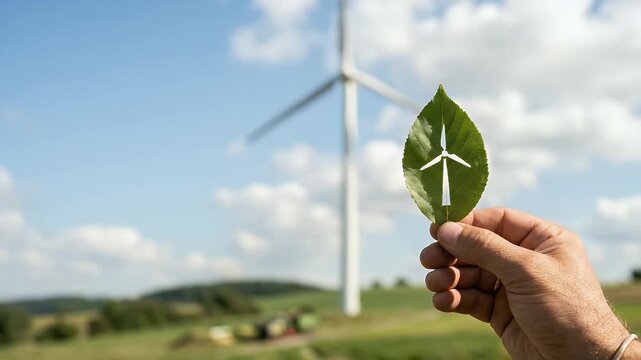 Capture a cinematic scene of a hand holding a leaf shaped like a wind turbine, with a slow pan revealing wind turbines spinning in a vibrant landscape, symbolizing renewable energy and sustainability.
