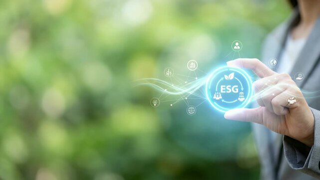 Capture a professional hand showcasing an ESG symbol with gentle ambient motion, complemented by a slow pan through a blurred green background, in a cinematic style that emphasizes sustainability and 