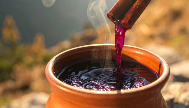 Chicha morada pour. Purple corn drink pouring into a clay bowl with a smoky mountain backdrop.