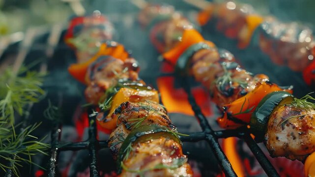 Tasty grilled skewers featuring succulent chicken and zucchini, accented with fresh herbs.