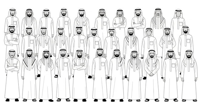 Group of Arab Men in Traditional Attire Standing Together.