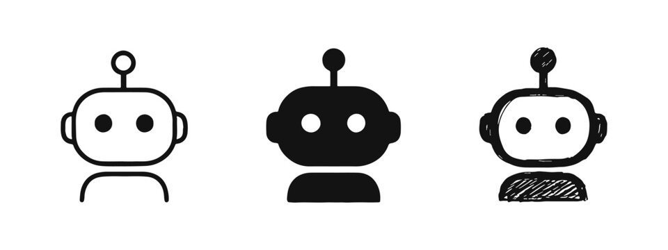 Basic AI Chatbot Robot Head Icons Set. Simple Artificial Intelligence Bot Symbol for Technology.