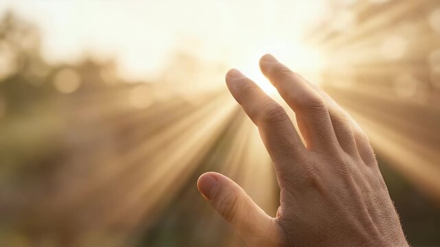 A serene, cinematic scene capturing a hand reaching towards the sun with gentle ambient light flickering, complemented by a slow pan to enhance the feeling of hope and connection with nature.
