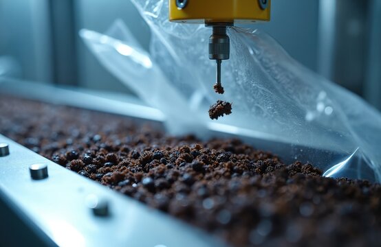 Automated machine tests insect larvae food product moisture. Quality control system weighs protein material for safe packaging. Lab analysis confirms food integrity.