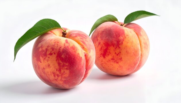 Two ripe, vibrant fruits with leaves, set against a pristine white background. Each features mottled red and orange hues