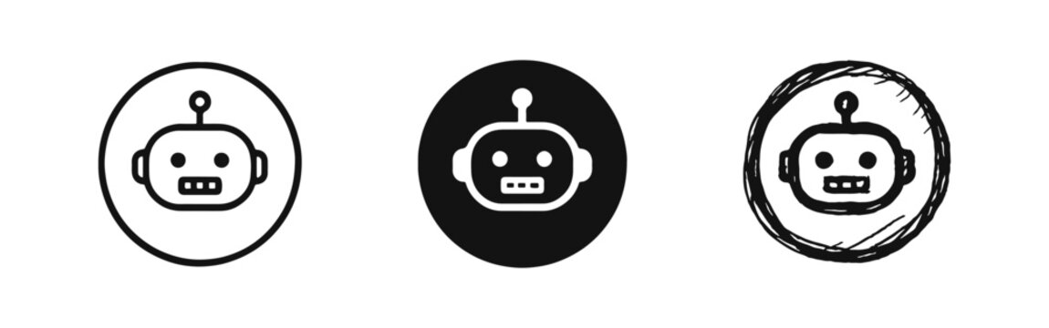 AI Chatbot Robot Face in Circle Icons Set. Artificial Intelligence Avatar and Profile Symbol.