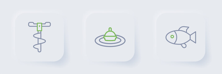 Set line Fish, Fishing float in water and Hand ice drill icon. Vector © Iryna