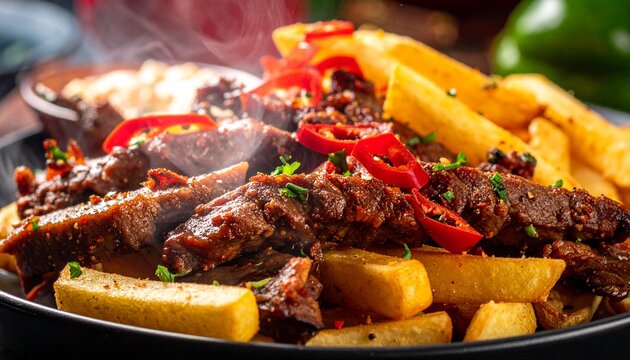 Grilled Beef Skillet. Hot charred beef with fries and peppers, a bold pub style platter with a smoky finish.