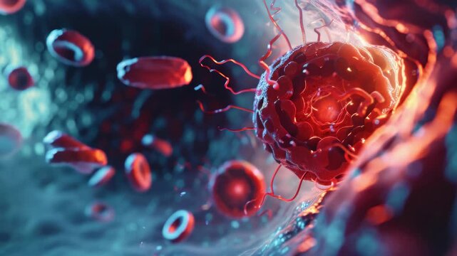 Vibrant red blood cells float through luminous, glowing fluid. Menacing, spiky cancer cell pulses with intense inner light. The scene captures biological activity in rich, detailed 3D render