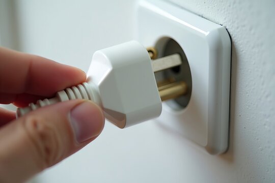 Macro image of a hand holding a mismatched AC plug next to a wall outlet, emphasizing the idea of using foreign adapters and incorrect connections.