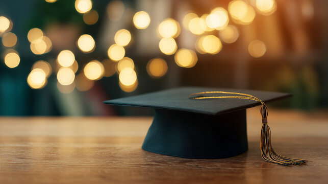 Graduation Cap on Wooden Surface: Warm Side Lighting and Soft Bokeh Creating a Celebratory Atmosphere