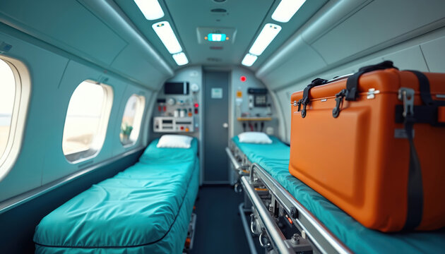 Interior of air ambulance with two patient beds and medical gear. Orange medical box sits on a stretcher. Aircraft cabin sterile and ready for patient transport.