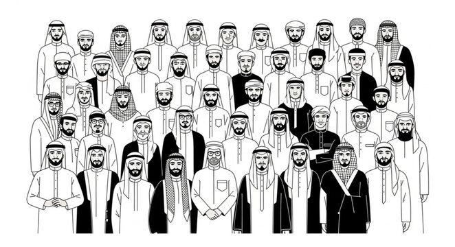 Group of Arab men in traditional attire, standing together in a crowd.