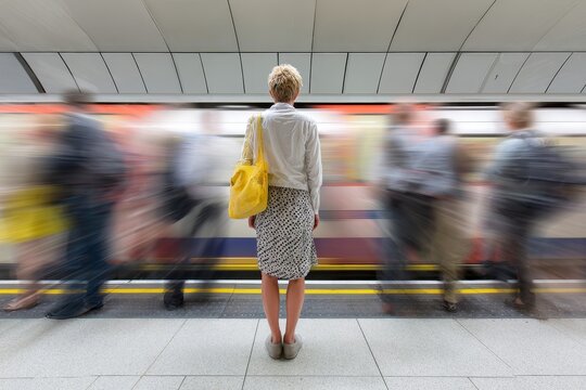 Loneliness in a busy city subway as a woman stands still on the platform while blurred people rush past for urban lifestyle and solitude concepts