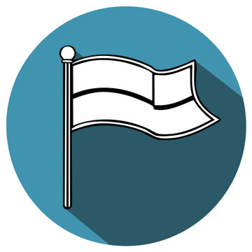 Stylized flag waving on a pole within a blue circle, flat design.
