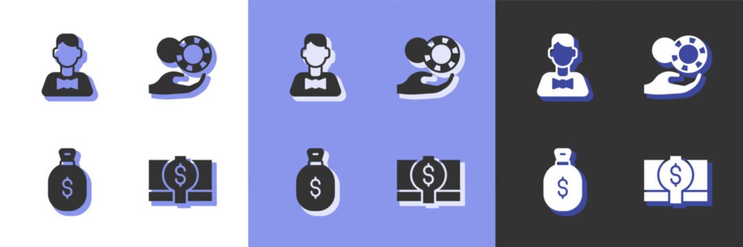 Set Stacks paper money cash, Casino dealer, Money bag and Hand holding casino chips icon. Vector