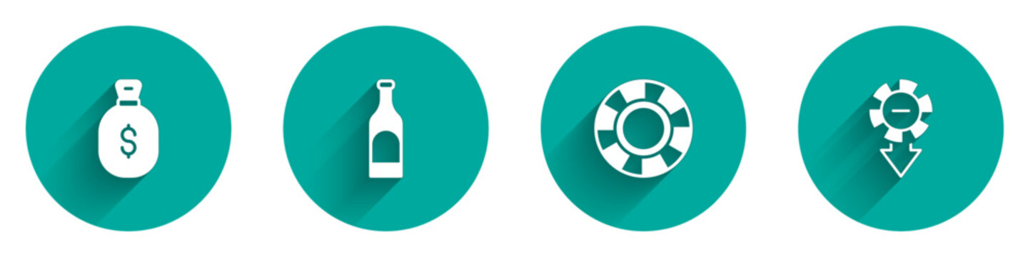 Set Money bag, Bottle of wine, Casino chips and icon with long shadow. Vector