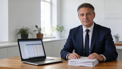 Fototapeta premium A middle-aged businessman sitting at a desk with a laptop and papers in a modern office