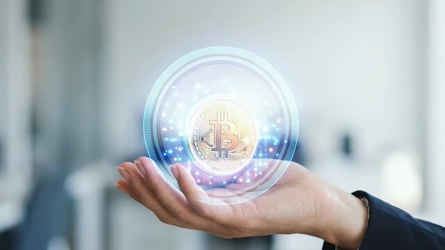A professional hand gently cradles a glowing Bitcoin, with a slow zoom-in camera motion creating a cinematic atmosphere that captures the essence of cryptocurrency innovation and digital finance.