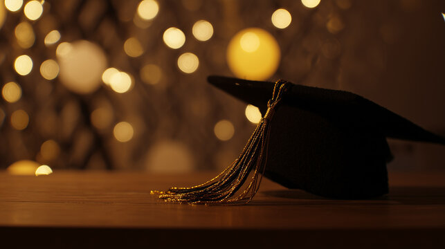 Graduation Cap on Wooden Surface: Warm Side Lighting and Soft Bokeh Creating a Celebratory Atmosphere