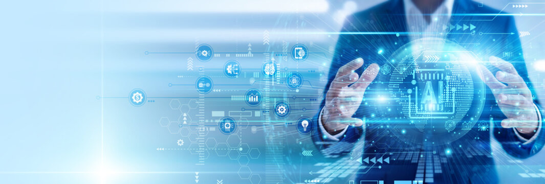 AI engineer smart hands hold digital interface artificial intelligence system. Professional analyzing machine learning models and automation processes using advanced artificial intelligence technology